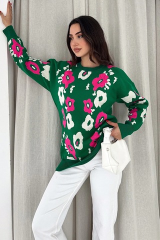 Bisiklet Yaka Uzun Kollu Çiçek Desenli Oversize Triko Kazak Yeşil Yeşil