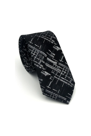 Gaffy Beyaz Kırcıl Desenli Siyah Dokuma Kumaş Mendilli Slim Fit Kravat // Sdk-2611-1 Siyah