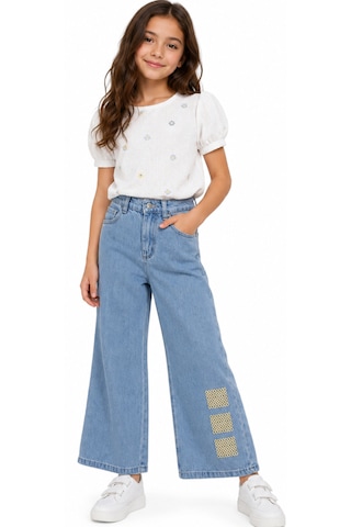 Irem Kız Çocuk Beli Lastikli Geniş Paça Model Fermuar Kapamalı Sol Paça Nakış İşlemeli Likrasız Mavi Renk Kot Pantolon
