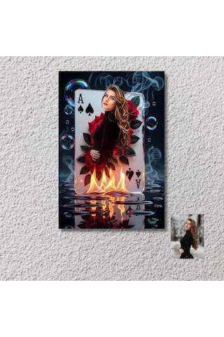 Kişiye Özel Maça Ası Tasarımlı 20x28 Cm Mdf Poster Alev Ve Su Efektiyle Özel Fotoğraf Baskısı