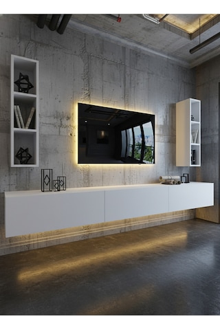 Resital Ledli Duvara Monte Tv Sehpası - Beyaz - W6007-1 Beyaz