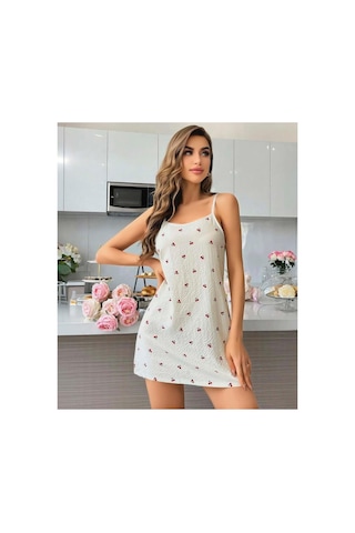 Miss Melly İp Askılı Kiraz Desen Şık Penye Gecelik Beyaz