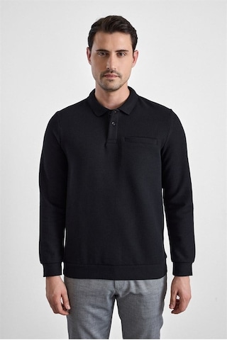Süvari Siyah Regular Düz Fermuarlı Polo Yaka Sweatshirt Sw2013700028-s09