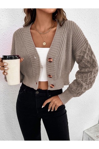 Aqe Fashion V Yaka Örgü Desenli Triko Crop Vizon Hırka VIZON