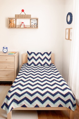 Lacivert Zigzag Geometrik Genç Odası Tek Kişilik Pike Takımı - Mint 160x220 Cm Kapitone Yatak Örtüsü Doğal Yağmur Mırıltısı