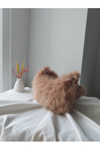 Vivazzaluxe Vintage Peluş Kürk Model Sonbahar, Kış Tote Bag Kadın El, Omuz, Çapraz Çanta Bej