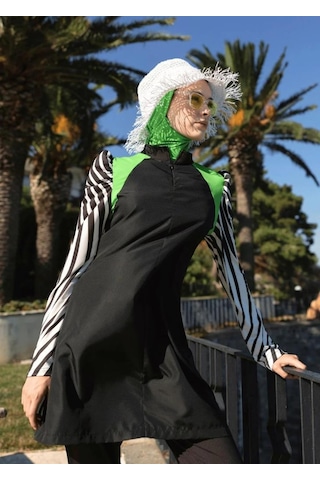 Mayovera Siyah Beyaz Kollar Siyah Kapalı Tesettür Tasarım Mayo