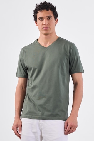 Dufy Haki V Yaka Pamuklu Düz Renk Slim Fit Erkek T-shirt Haki