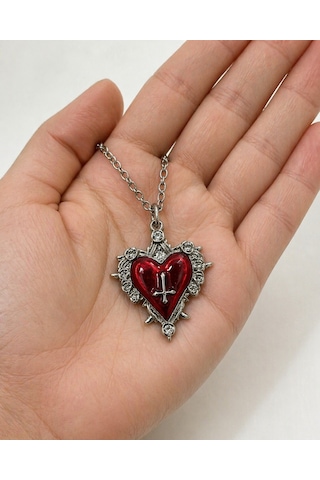 Gotik Kırmızı Kalp Haç Detaylı Kolye Unisex Metal Zincir Çok renkli