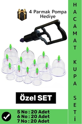 Hacamatseti 20 Adet 5-6-7 No Kupa Islak Kuru Kullanıma Uygun 4 Parmak Pompa Hediyeli Hacamat Seti