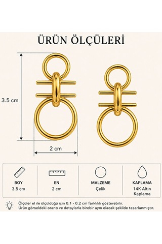 Geometrik Halka Detaylı Gold Renk Çelik Küpe Altın