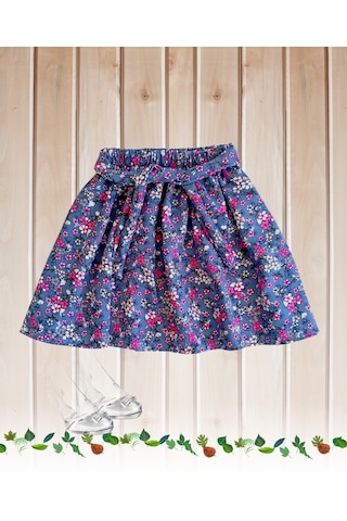 Çiçek Desenli Çocuk Etek - Koyu Gri Mavi Renk Tonunda Grimavi Gri - Mavi