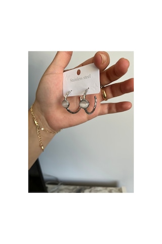Gümüş Renk Taşlı Burgu Halka Küpe Minimalist Tasarım Kadın Küpe Gümüş