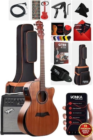 Maxword M450-EQ-50AMP Masif Ağaç 50W Amfili Elektro Akustik Gitar Seti üst Segment