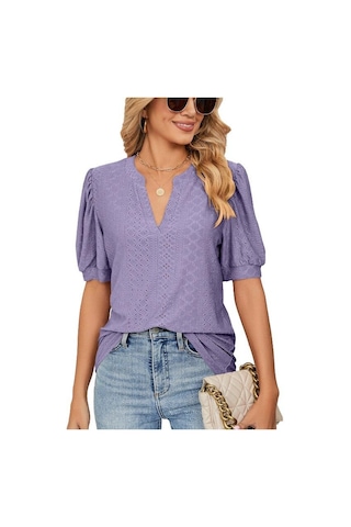 Yaz Katı Dantel Kadın Gömlek Zarif Içi Boş Puf Kısa Kollu Kazak Bluz Kadın Rahat V Yaka Gevşek Kadın Üstleri Blusas 24698 Mor