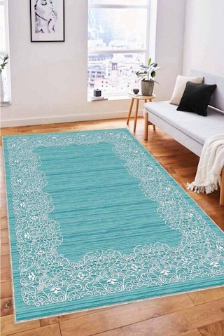 Turkuaz Çerçeveli Kaymaz Tabanlı Dekoratif Halı Mk56n11