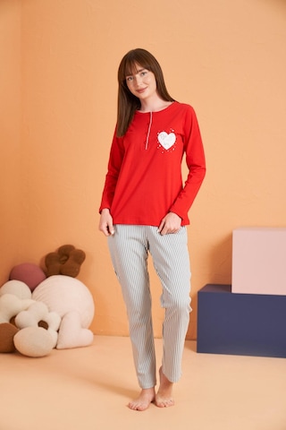 Pjs Kadın Anne-kız %100 Pamuklu Kalpli Desenli Çizgili Uzun Kollu Pijama Takım Kırmızı