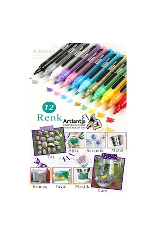 12 Renk Akrilik Markör Keçeli Kalem 1 Adet 12 Li Acrylic Marker Taş Cam Metal Seramik Plastik Tuval Ahşap 0.7-1 Cm