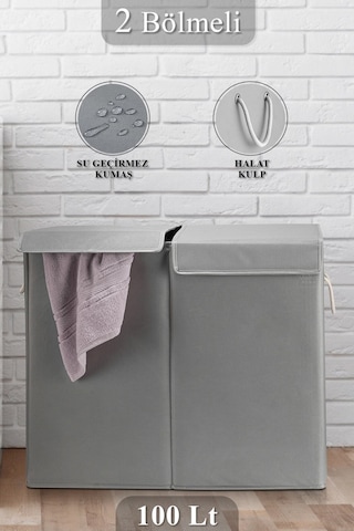 Meleni Home Iki Bölmeli Mega Boy Çamaşır Sepeti - Kulplu Katlanır Banyo Kirli Çamaşır Sepeti 50 Lt + 50 Lt Diğer