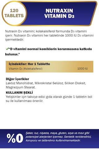 Nutraxin D3 Vitamini 1.000 IU 120 Tablet