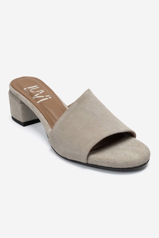 Luvi Shoes Delavıe Bej Süet Hakiki Deri Kadın Kalın Topuklu Terlik