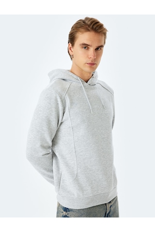 Koton Reglan Kollu Pamuk Karışımlı Kapşonlu Şardonlu Dikiş Detaylı Basic Hoodie Gri 5wam70261mk