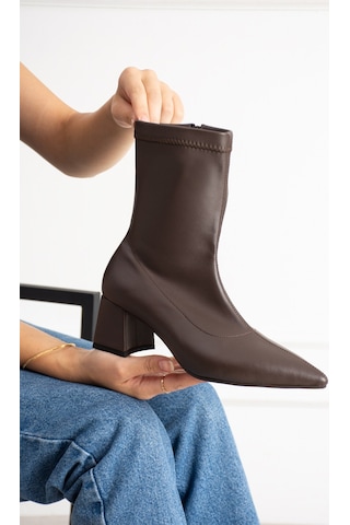 Dabab Shoes Neva Kadın Acı Kahve Streç Cilt Sivri Burun Fermuarlı 6 Cm Kalın Topuklu Bot Bootie Kahverengi Cilt