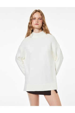 Koton Uzun Kollu Dik Yaka Yırtmaç Detaylı Oversize Triko Tunik Ekru 6wal60002ht Ekru