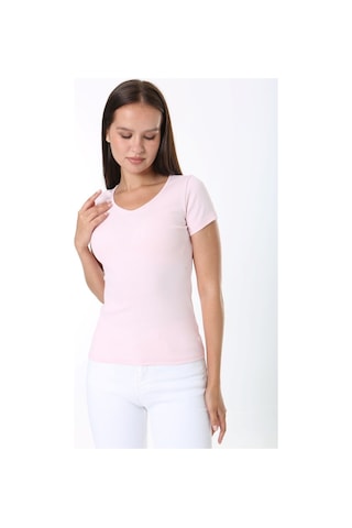 Rooted-kadın Basic V Yaka T-shirt ,fitilli Kaşkorse Kumaş Bluz Pembe