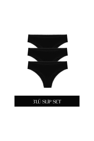 Cotvie Siyah Pamuklu Slip 3'lü Set Külot Siyah