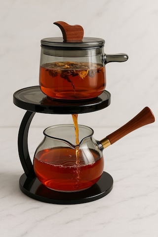 Morponi Akasya Saplı Otantik Borosilikat Cam İkili Bitki Çayı Demliği Füme 350 Ml Şeffaf