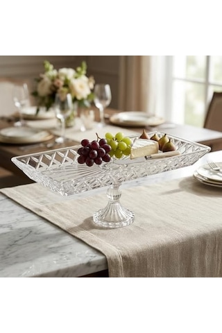 Kafes Model El Yapımı Ayaklı Cam Sunumluk - Dikdörtgen Şeffaf Dekoratif Servis Ve Meyve Tabağı 39x15 Cm 15cm