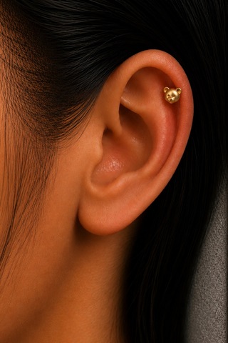 Sertifikalı 316l Çelik Minimal Ayıcık Yüzü Figürlü Premium Altın Kaplama Tragus Ve Helix Piercing