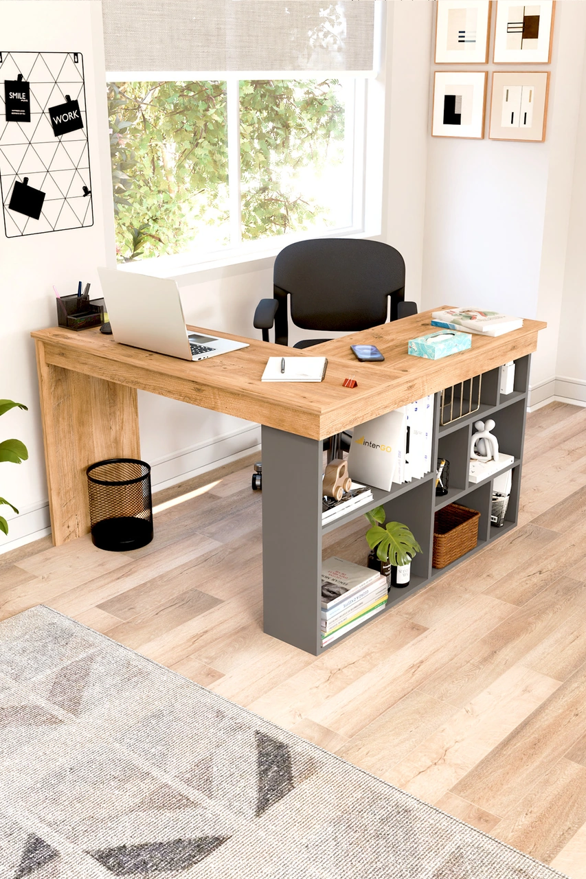 Corn Köşe Çalışma Masası Raflı Bilgisayar, Ofis Masası Atlantik Çam - Antrasit Gri Atlantik Çam - Antrasit