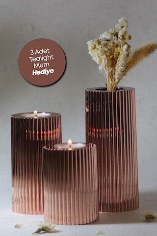 3 Lü Bakır Krom Tırtıklı Yüzey Mumluk Dekoratif Tealight Set Mum