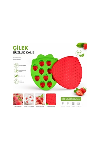 Qerhome Çilek Şekilli Silikon Buz Kalıbı Kapaklı Buzluk Çok Renkli