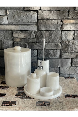 Yeni Beyaz Mermer Kulplu 7'li Banyo Seti Büyük Çöp Kovalı 25x20 Beyaz