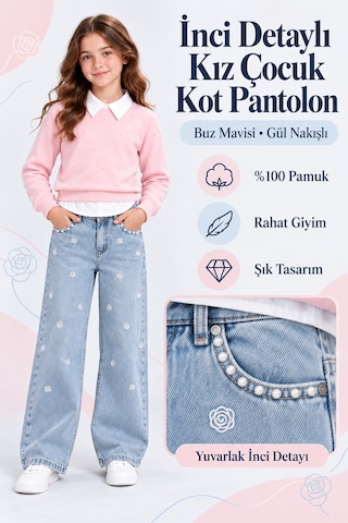 Ahengim Kemerli Boru Paça Nakışlı İncili Kız Kot Pantolon Ak1714 Buz Mavisi