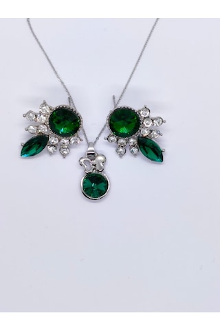 Sapphire Store Gümüş Renk Yeşil Taşlı Kolye Küpe Seti Gümüş