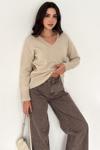 Noa & Noa Kadın V Yaka Triko Kazak Cozy Neutral Bej