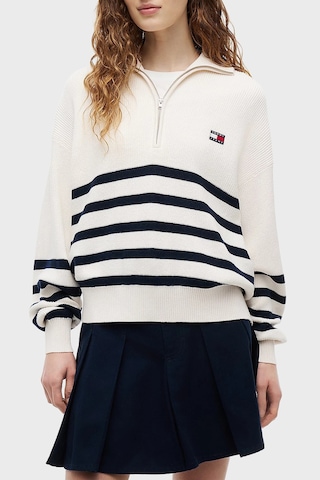 Tommy Jeans Yarım Fermuarlı Çizgili Relaxed Fit Dik Yaka Logolu Kazak Kadın Kazak Dw0dw22928 Ybh Beyaz