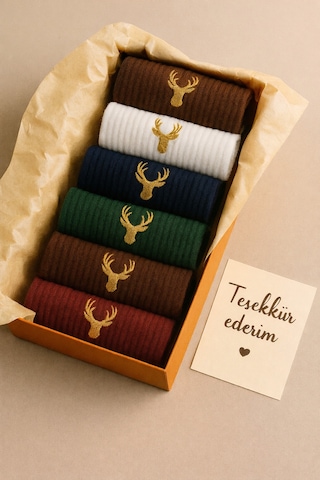 Premium Unisex Geyik Nakışlı Kadın Erkek Çorap 6 Lı Set Yazlık Kışlık Pamuklu Çorap Kutulu Çok Renkli