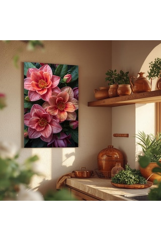 Pembe Çiçekli Cam Tablo Pembe Ve Yeşil Detaylı Çerçeveli Temperli Tekli Dikey