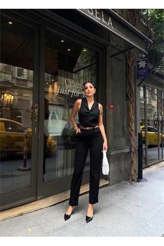 Modasize Keten Duble Paça Deri Taba Kemerli Pantolon - Siyah Siyah