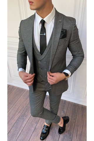 Modefendi Slim Fit İtalyan Kesim İnce Ekose Takım Elbise Gri