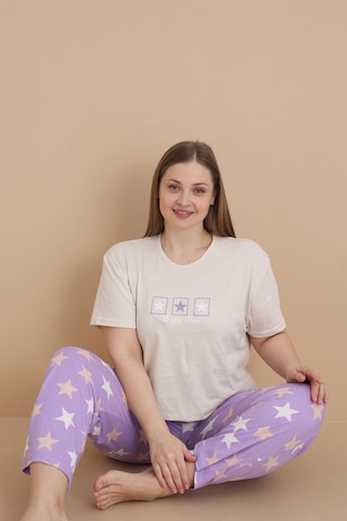 Wordex Mirano 4504 Yıldız Desenli Kısa Kollu Pamuklu Penye Büyük Beden Kadın Pijama Takımı Bej