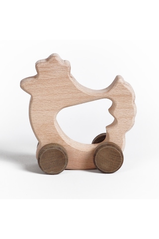 Ahşap El Yapımı Doğal Montessori Tavuk Tekerlekli Oyuncak