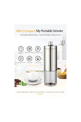 Jeemson Ev Üstü El İle Fincan Kahve, Biber, Fıstık, Tahıl Değirmeni - Paslanmaz Çelik Portatif El Grinderi Gümüş