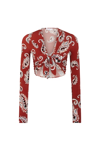 Rabanne Uzun Kollu Desenli Crop Top Kırmızı