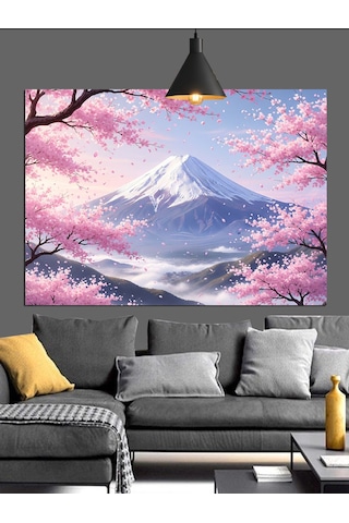 Japon Kiraz Çiçekleri Fuji Dağı Dekoratif Kanvas - Mdf Ahşap Tablo